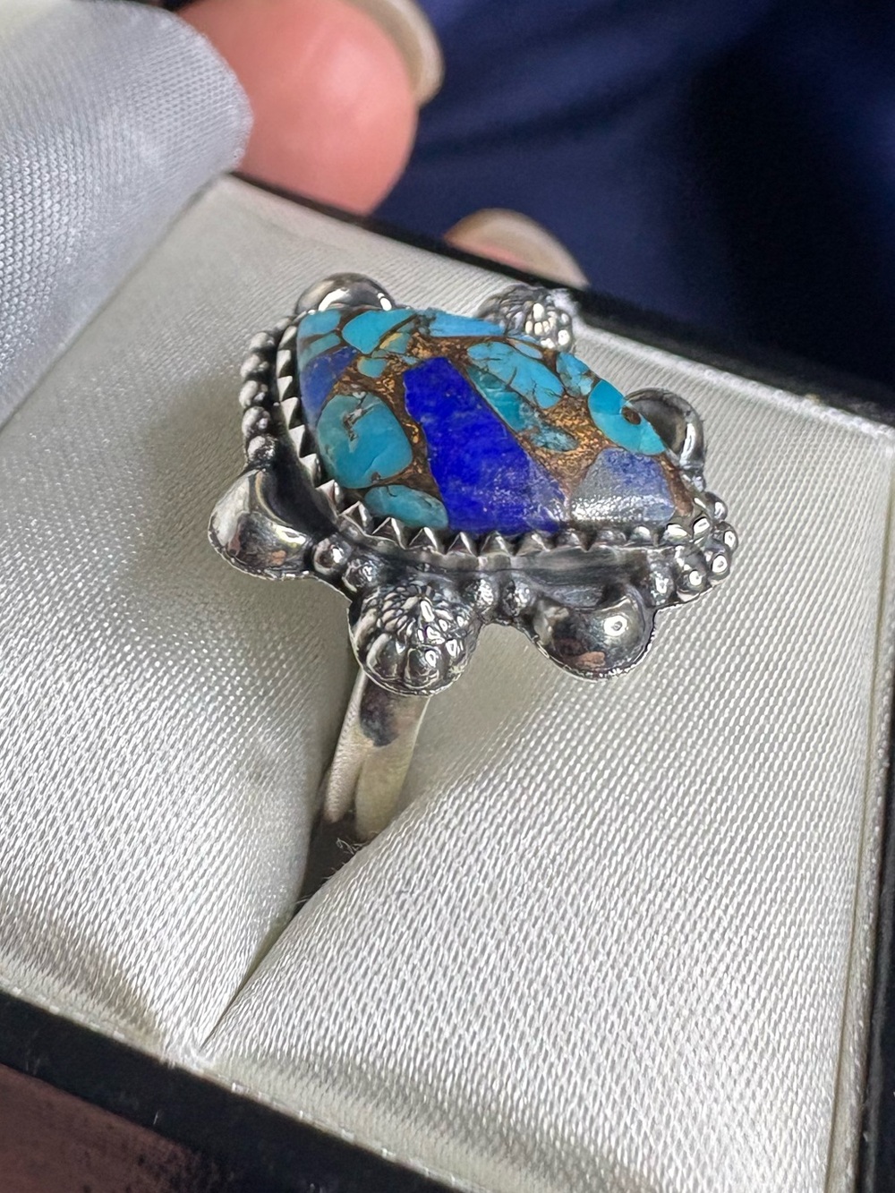 Ring Blue Dahlia Turquoise and Lapis Mosaic 925 Sterling Silver Floral Southwest - Picture 2 of 5